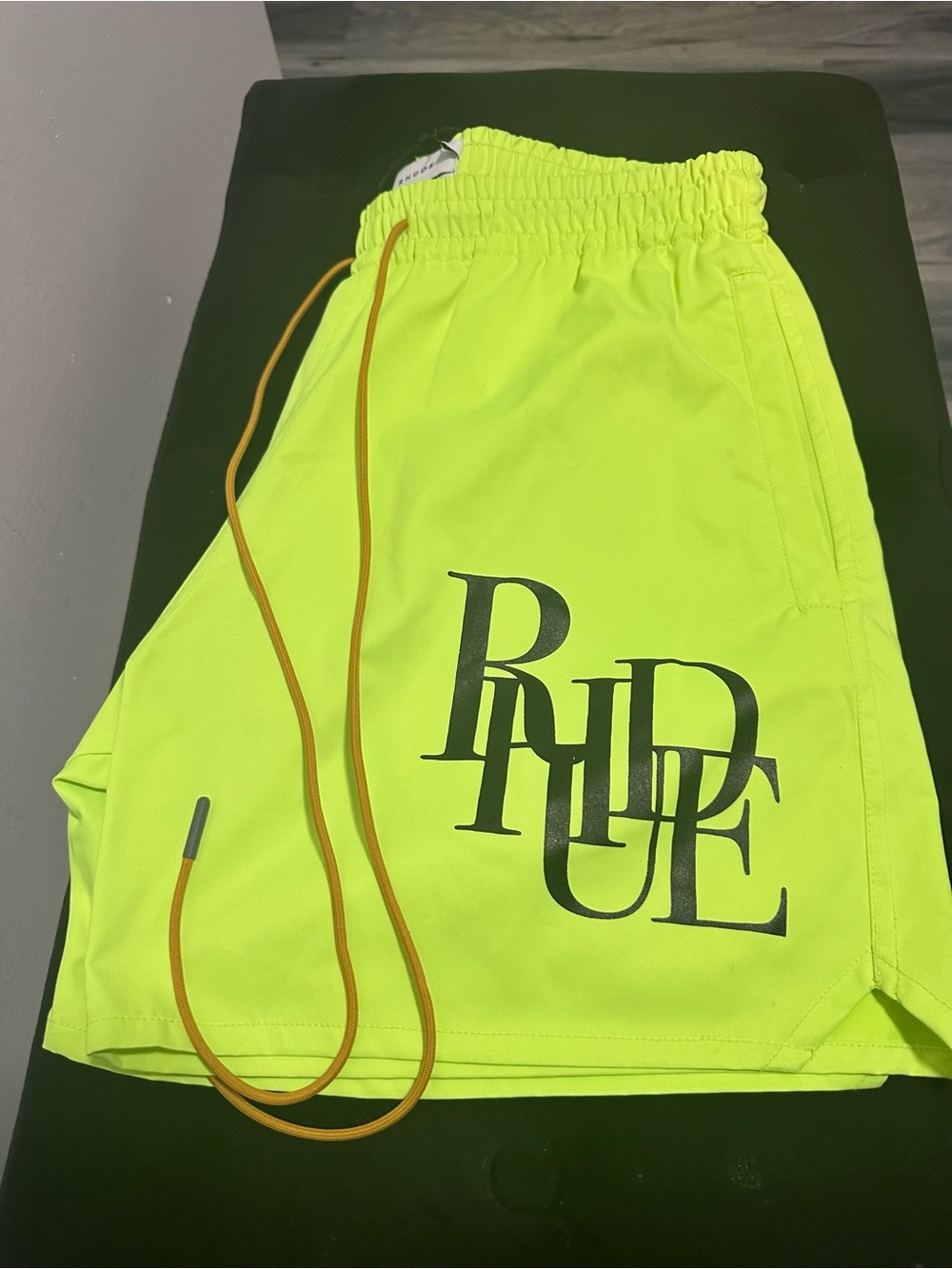 Rhude Neon Yellow Athletic Drawstring Shorts with Orange Cord swim shorts